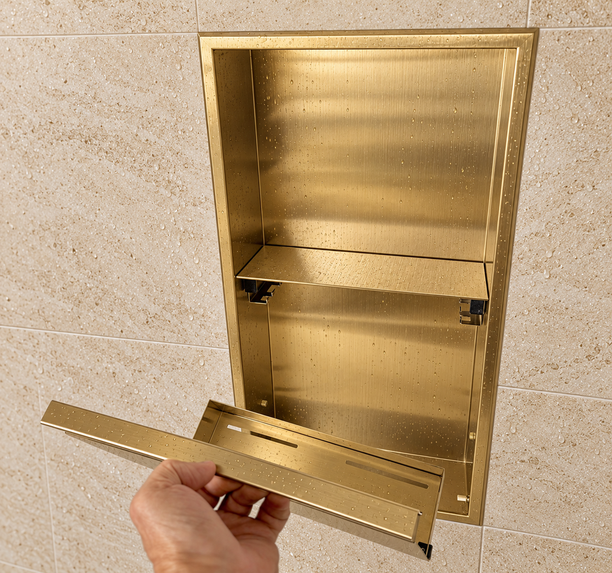 A hand lifts the removable door off the door niche, 24 × 12 in, gold PVD