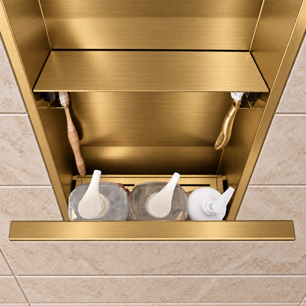 Inside view of the door niche, 24 × 12 in, gold PVD, door open: bottles stored in the compartment
