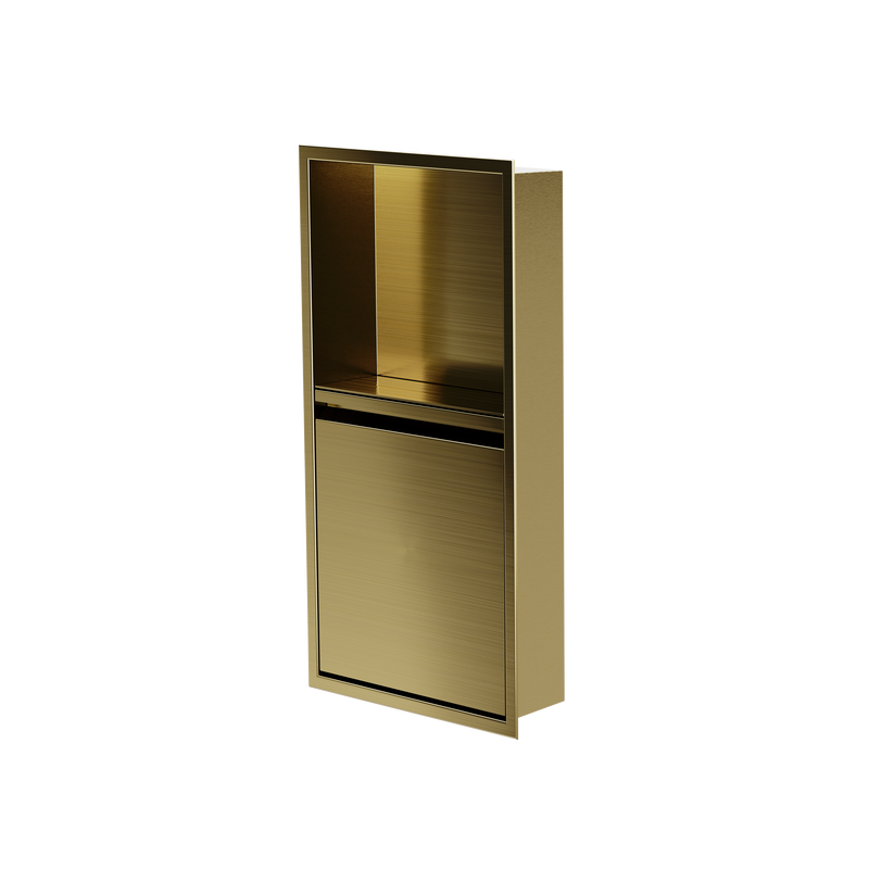 Door niche, 24 × 12 in, gold PVD, door closed, three-quarter view on a transparent background