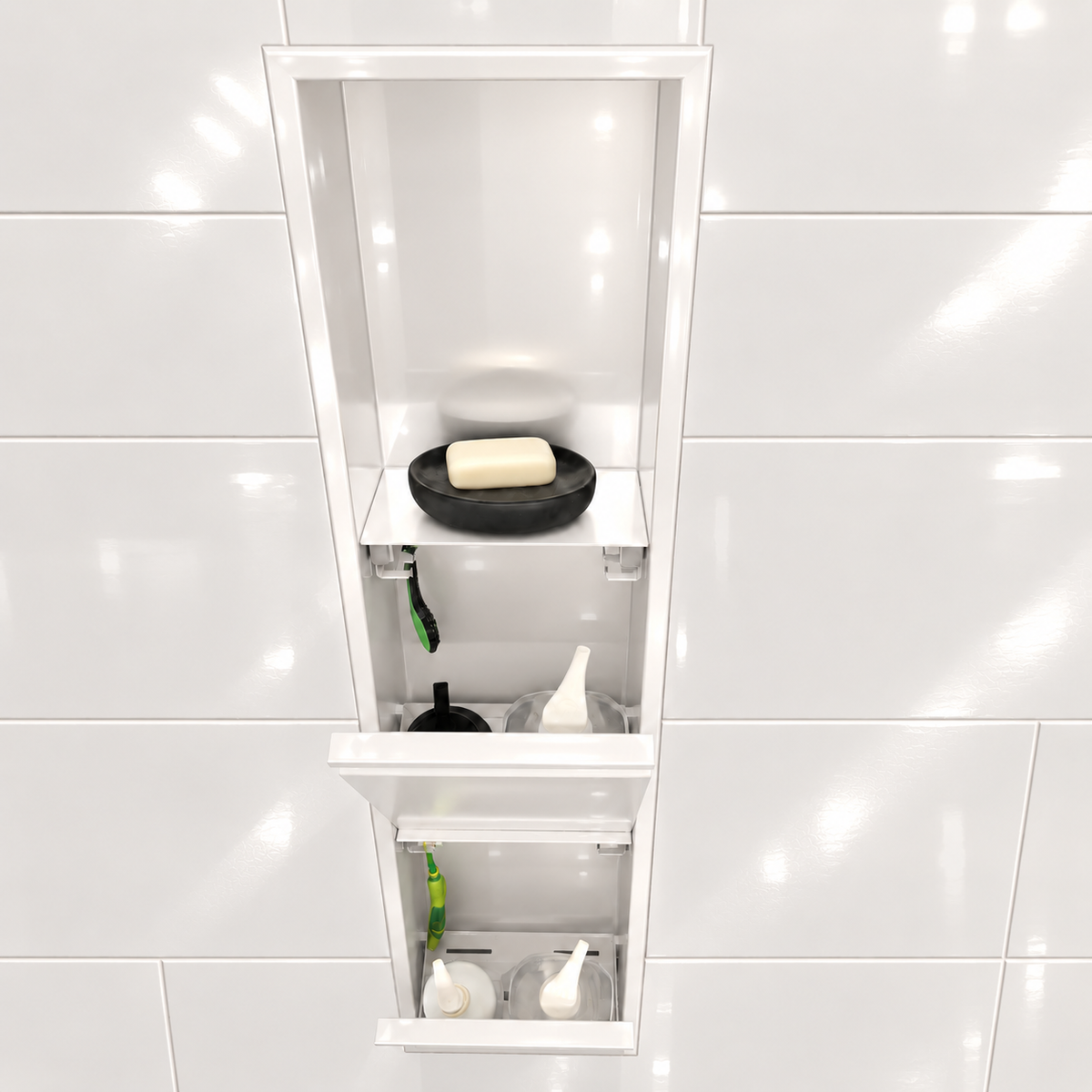 Inside view of the door niche, 36 × 8 in, glossy white, door open: bottles stored in the compartment