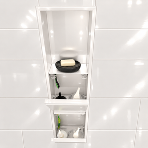 Inside view of the door niche, 36 × 8 in, glossy white, door open: bottles stored in the compartment