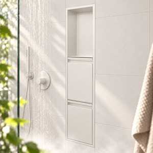 Door niche, 36 × 8 in, matte white, empty upper compartment and closed lower doors, in a shower wall