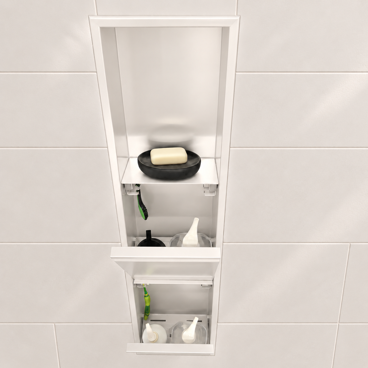 Inside view of the door niche, 36 × 8 in, matte white, door open: bottles stored in the compartment