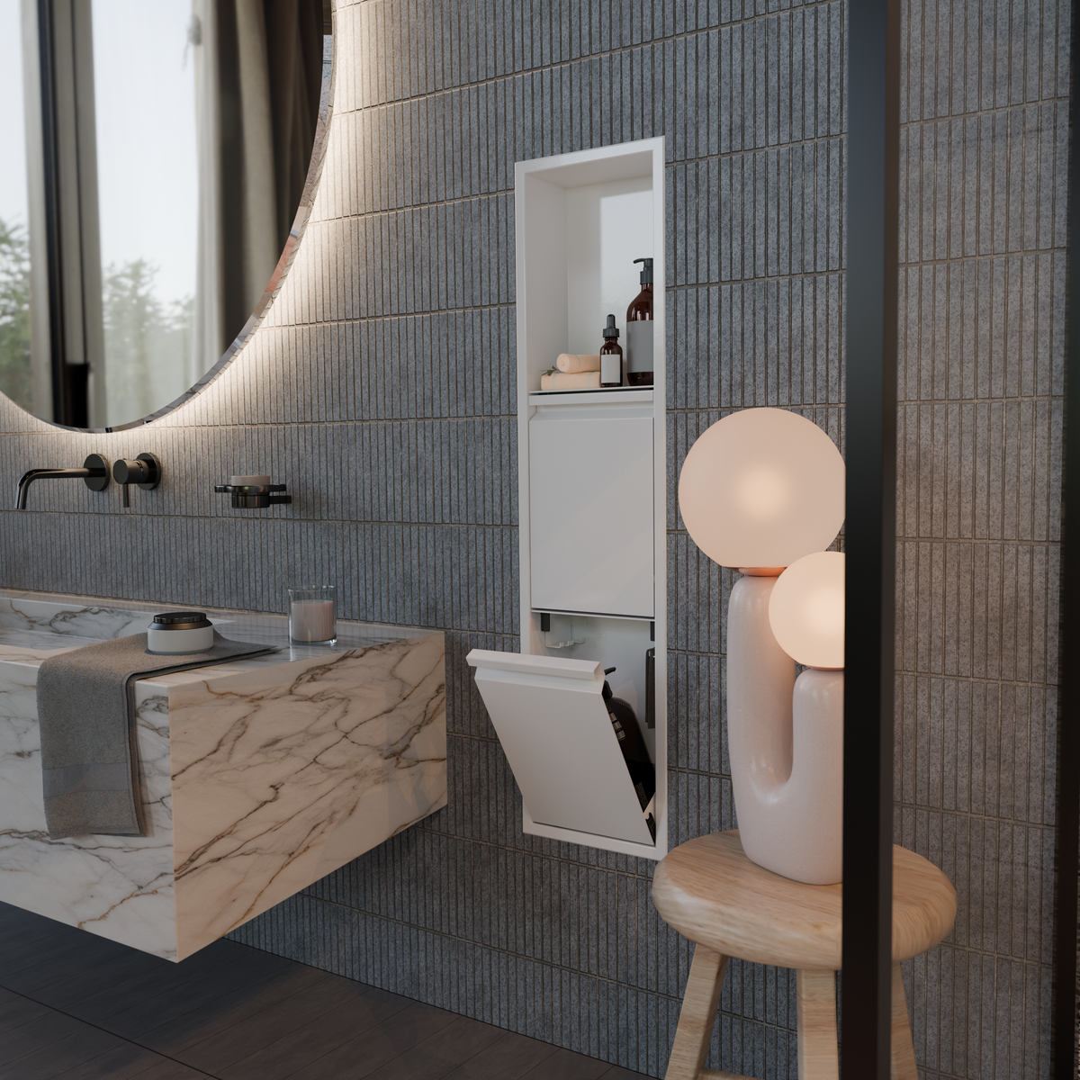 Door niche, 36 × 8 in, matte white, lower door open, beside a round mirror and a marble counter