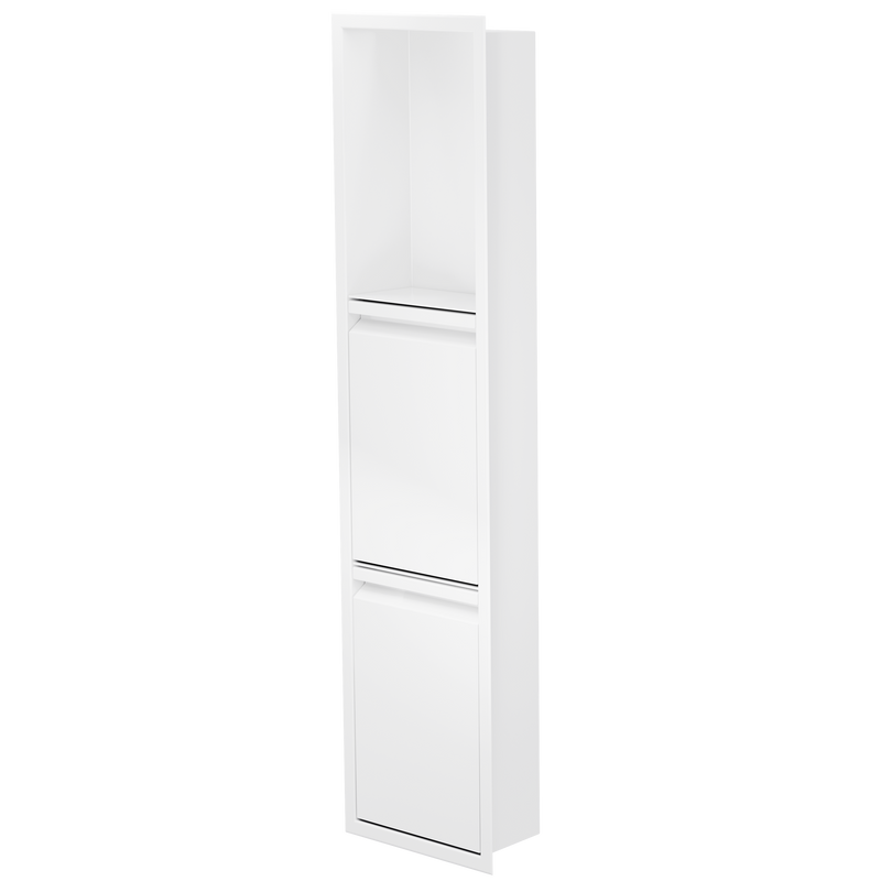 Niche avec porte 36 × 8 po blanc mat, porte fermée, de trois quarts sur fond transparent