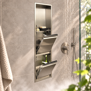 Door niche, 36 × 8 in, brushed stainless steel, tilt-down door open: bottles, soap and accessories stored