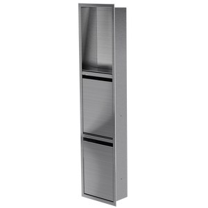 Door niche, 36 × 8 in, brushed stainless steel, door closed, three-quarter view on a transparent background