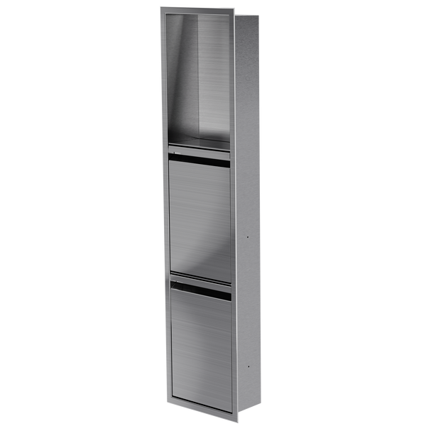 Niche avec porte 36 × 8 po acier inoxydable brossé, porte fermée, de trois quarts sur fond transparent