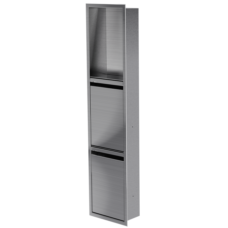Door niche, 36 × 8 in, brushed stainless steel, door closed, three-quarter view on a transparent background