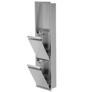 Door niche, 36 × 8 in, brushed stainless steel, tilt-down door open, three-quarter view on a transparent background
