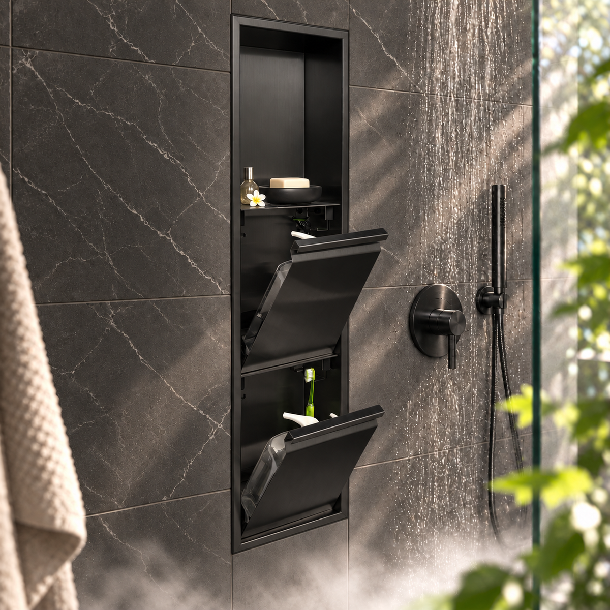 Door niche, 36 × 8 in, matte black, tilt-down door open: bottles, soap and accessories stored