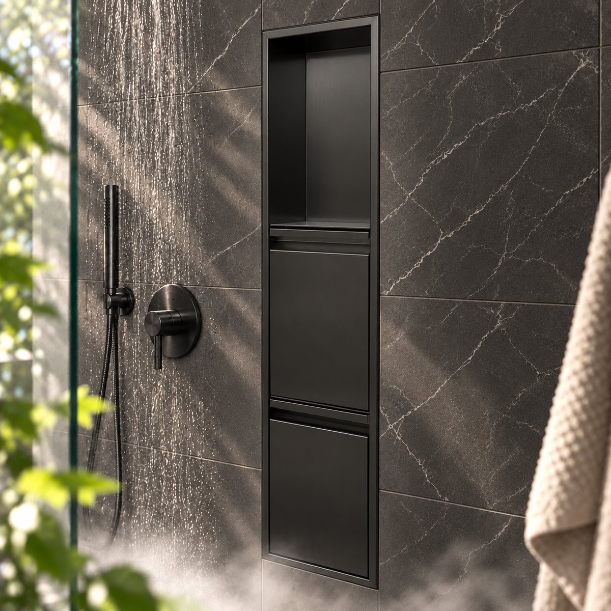 Door niche, 36 × 8 in, matte black, empty upper compartment and closed lower doors, in a shower wall