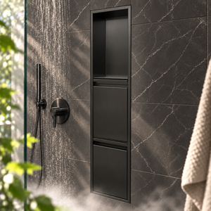 Door niche, 36 × 8 in, matte black, empty upper compartment and closed lower doors, in a shower wall