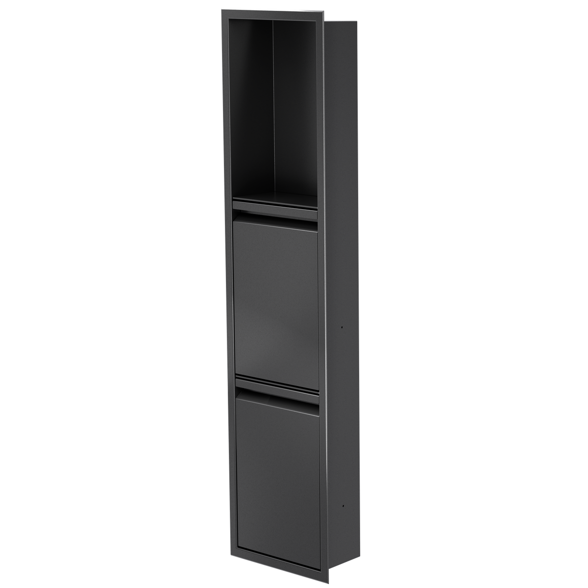 Door niche, 36 × 8 in, matte black, door closed, three-quarter view on a transparent background