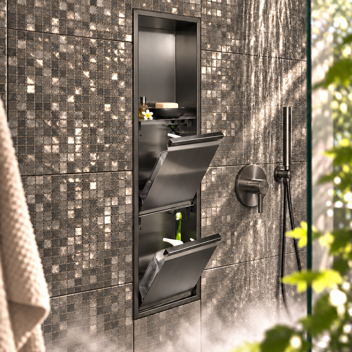 Door niche, 36 × 8 in, black PVD, tilt-down door open: bottles, soap and accessories stored