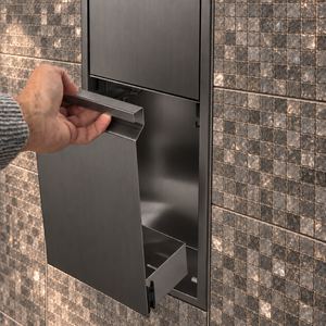 A hand lifts the removable door off the door niche, 36 × 8 in, black PVD