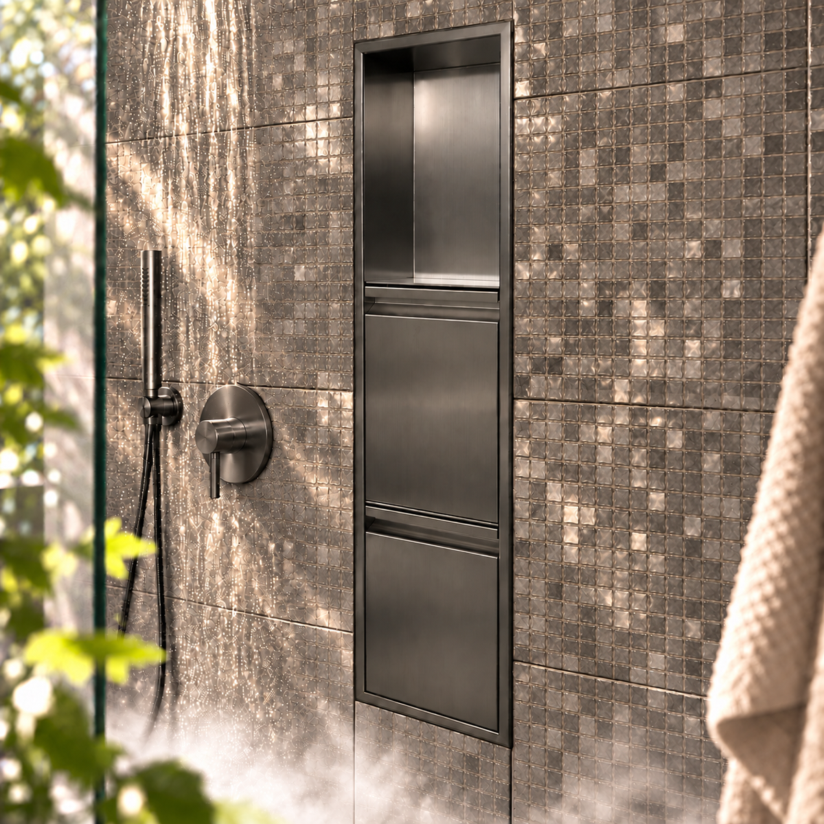 Door niche, 36 × 8 in, black PVD, empty upper compartment and closed lower doors, in a shower wall