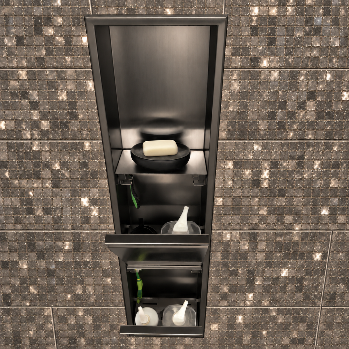 Inside view of the door niche, 36 × 8 in, black PVD, door open: bottles stored in the compartment