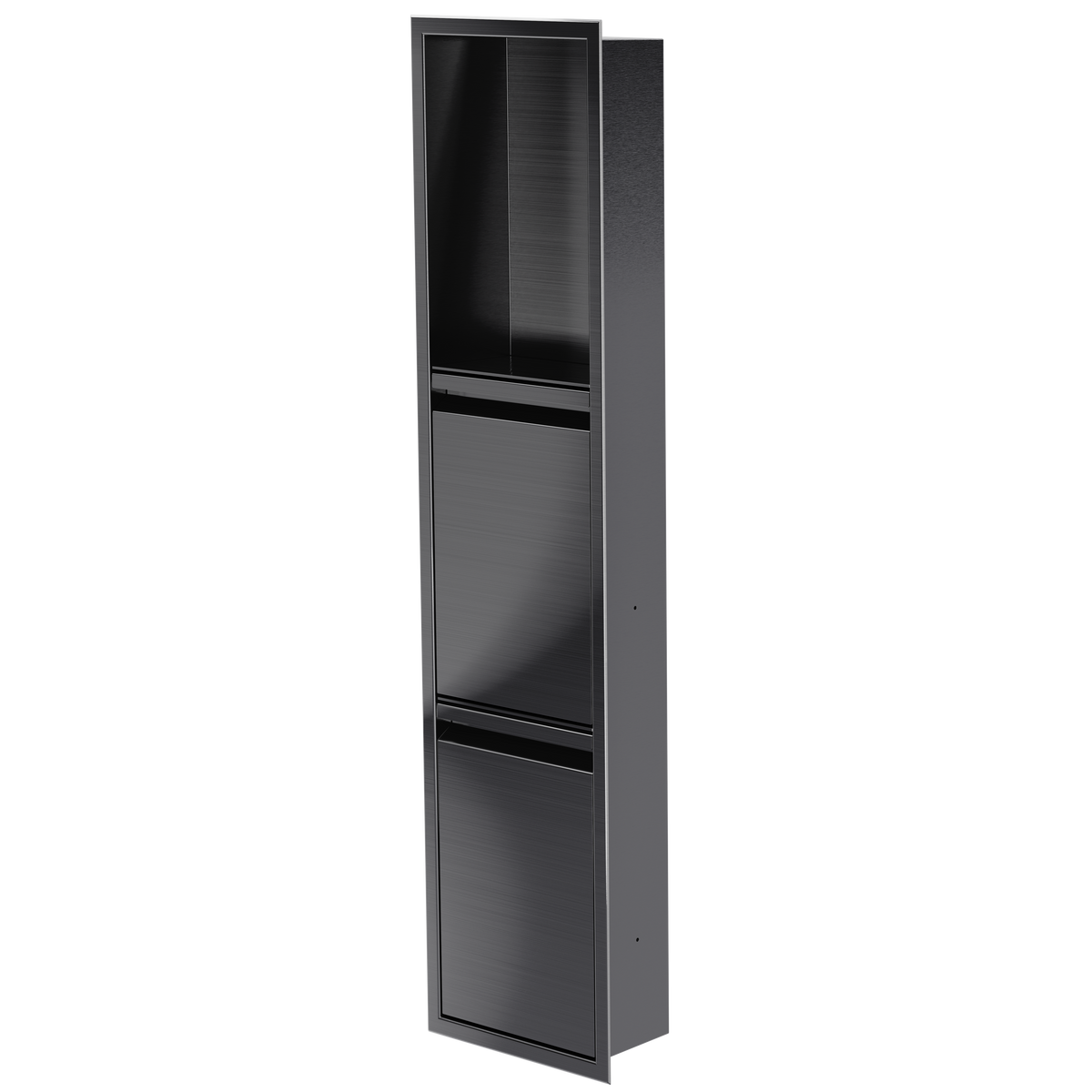 Door niche, 36 × 8 in, black PVD, door closed, three-quarter view on a transparent background