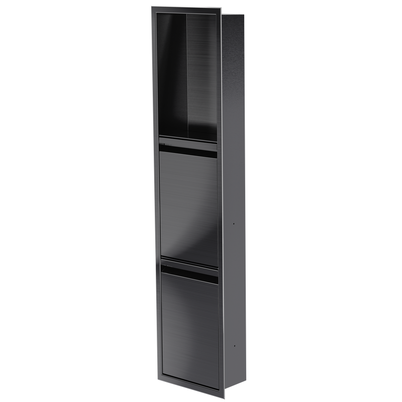Door niche, 36 × 8 in, black PVD, door closed, three-quarter view on a transparent background