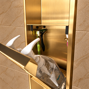 Close-up of the inside of the door niche, 36 × 8 in door, gold PVD: hooks holding a razor, a toothbrush and a bottle