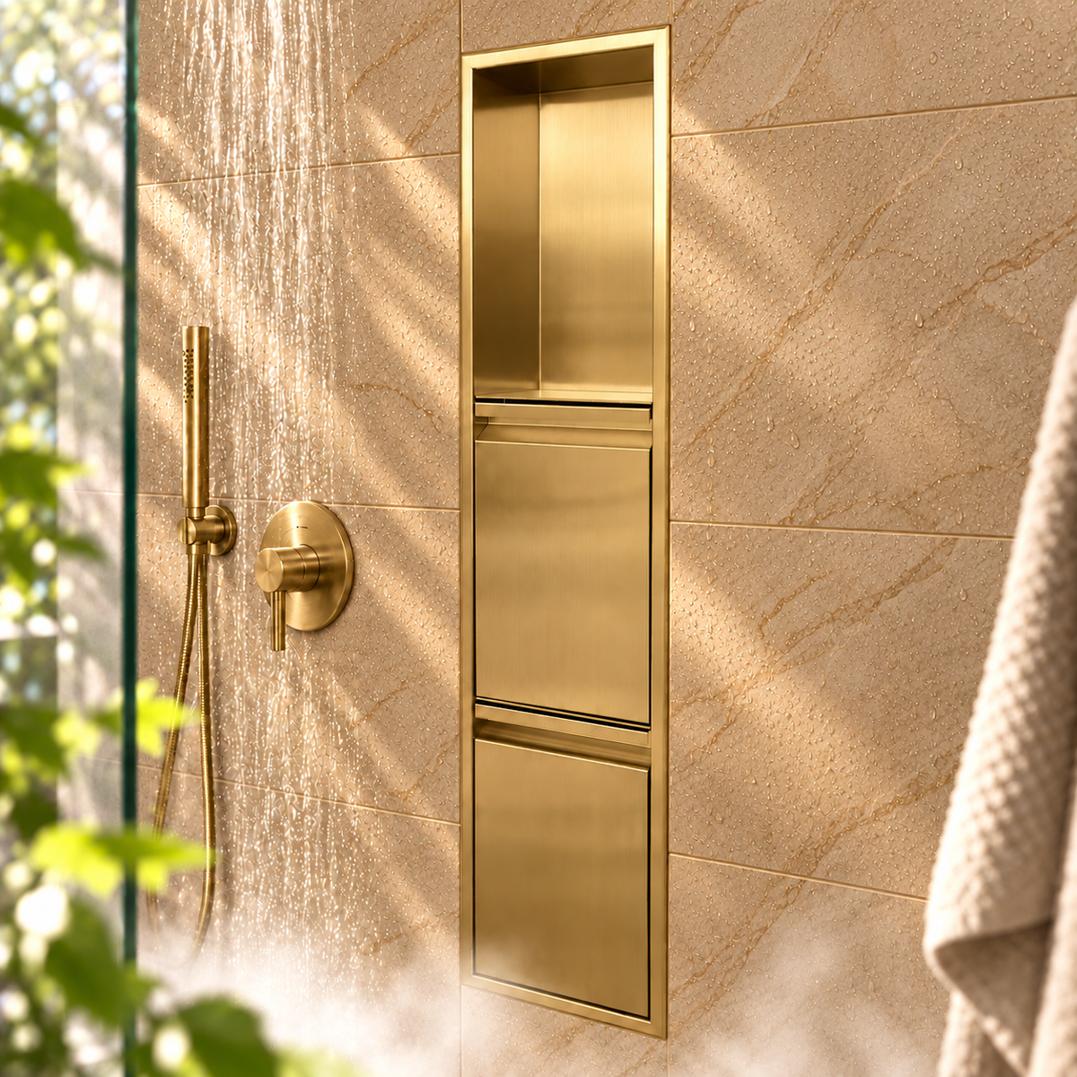 Door niche, 36 × 8 in, gold PVD, empty upper compartment and closed lower doors, in a shower wall