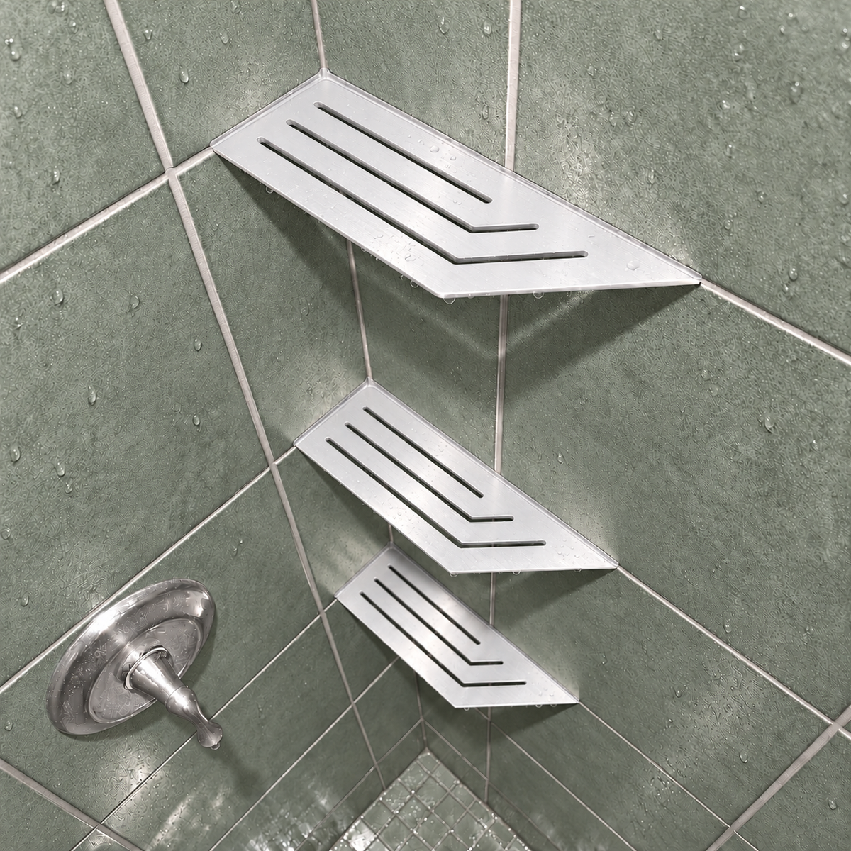 Corner shelf, 4 × 12 in, glossy white, in the corner of a tiled shower, two smaller shelves below