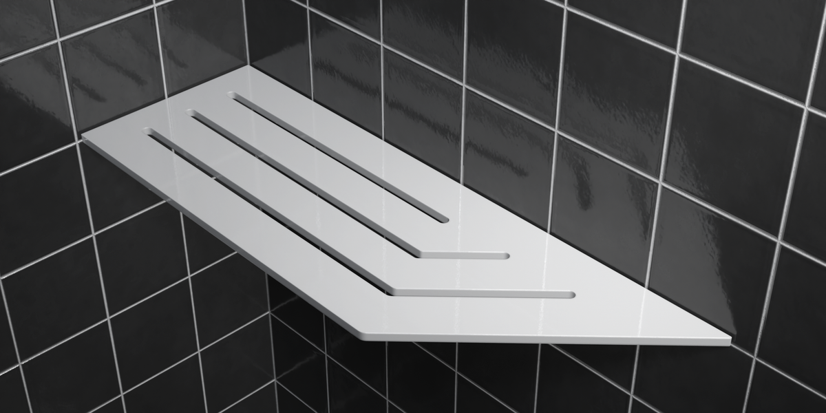 Corner shelf, 4 × 12 in, glossy white, mounted in the corner of a tiled wall
