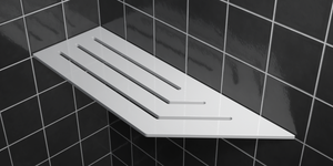 Corner shelf, 4 × 12 in, glossy white, mounted in the corner of a tiled wall