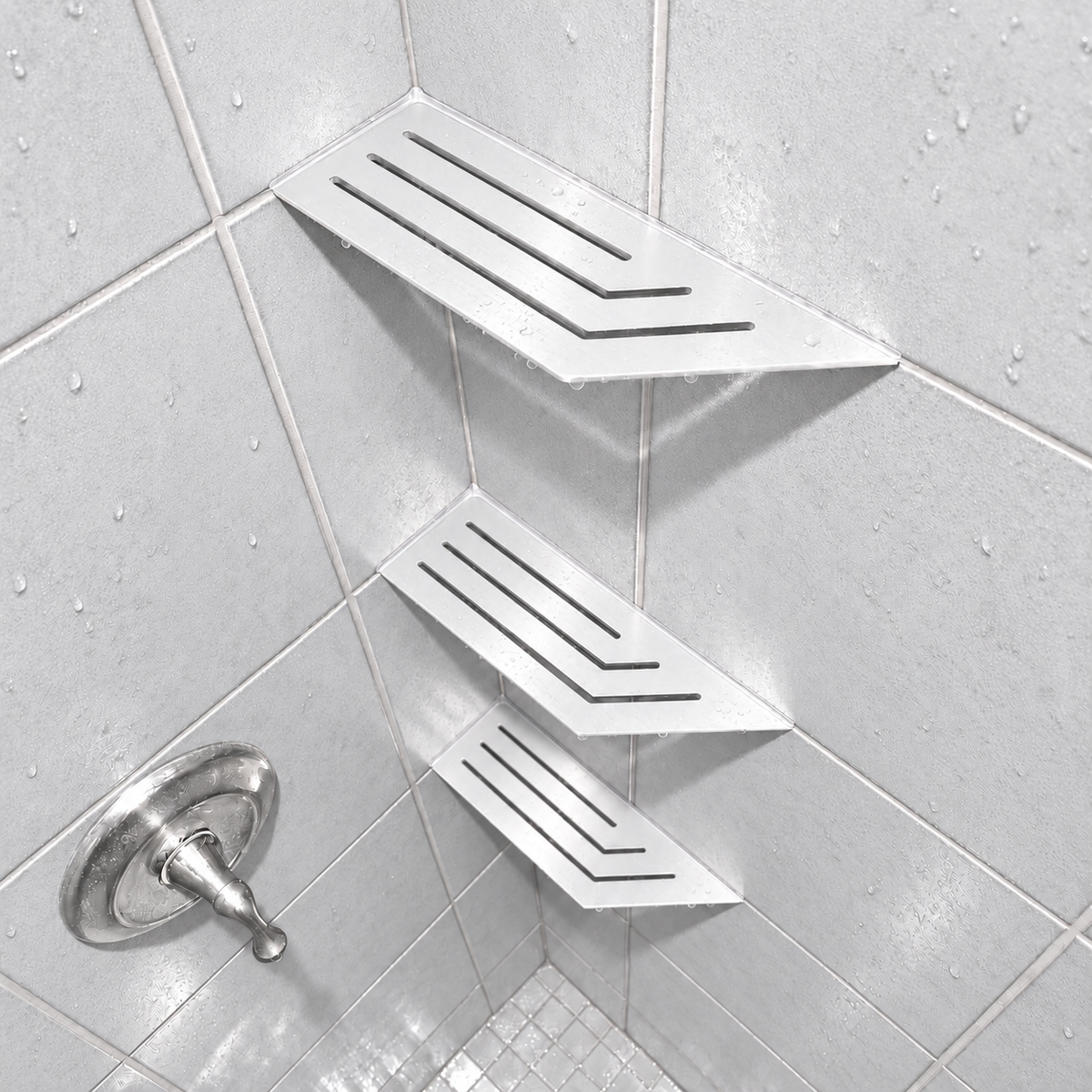 Corner shelf, 4 × 12 in, matte white, in the corner of a tiled shower, two smaller shelves below