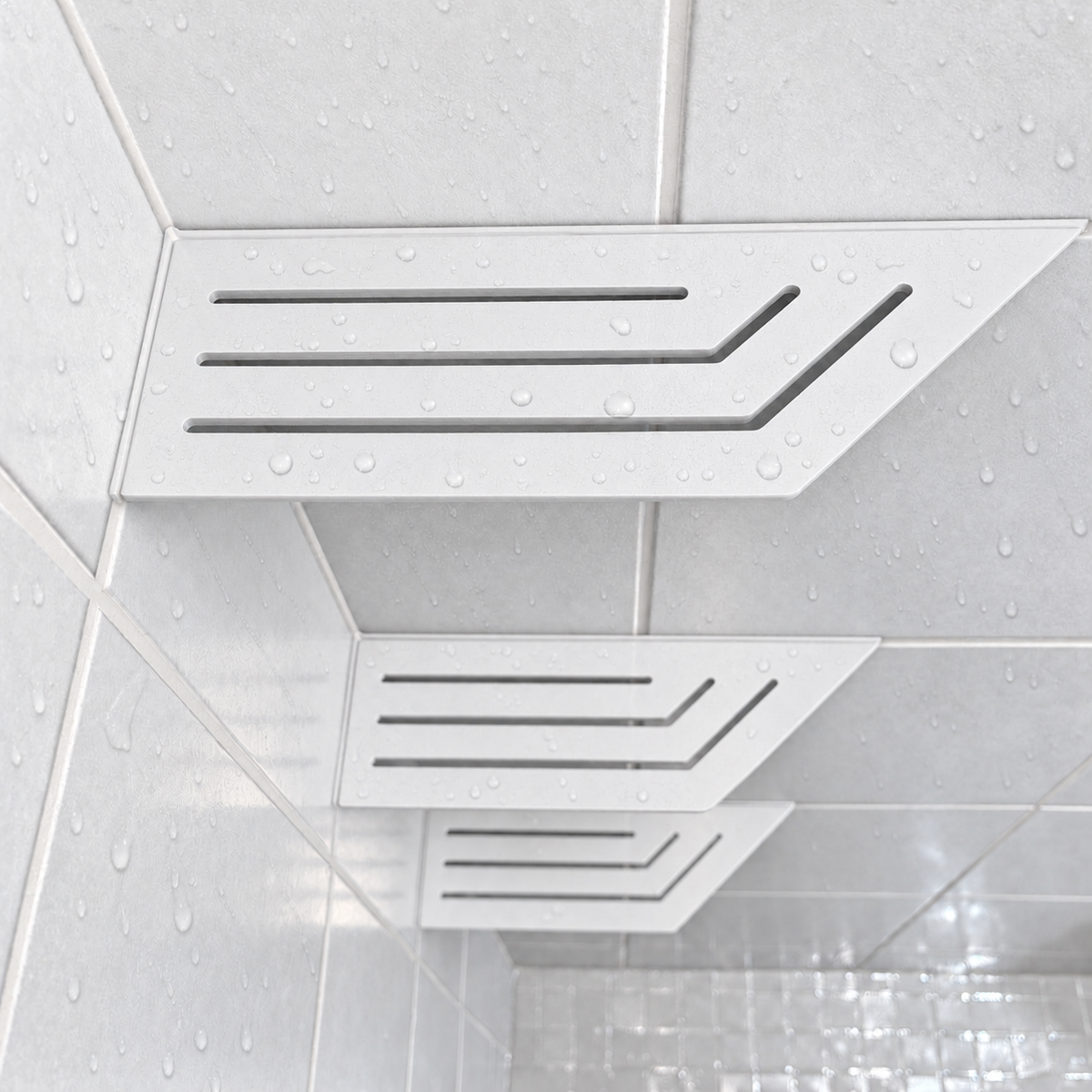 Corner shelf, 4 × 12 in, matte white, close view, with the two smaller shelves below, in a tiled shower