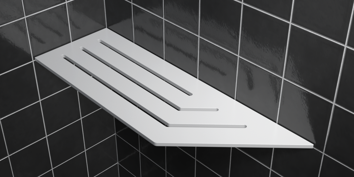 Corner shelf, 4 × 12 in, matte white, mounted in the corner of a tiled wall