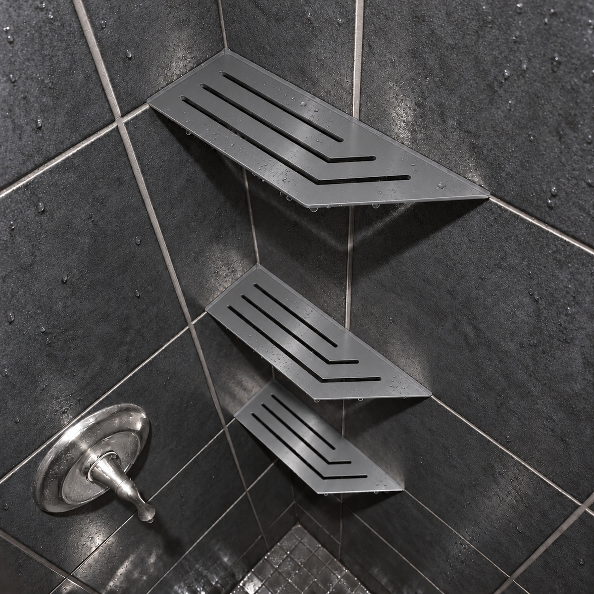 Corner shelf, 4 × 12 in, matte gray, in the corner of a tiled shower, two smaller shelves below