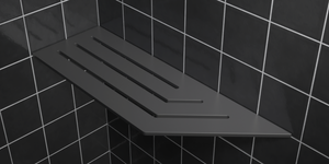 Corner shelf, 4 × 12 in, matte gray, mounted in the corner of a tiled wall
