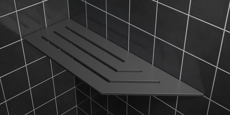 Corner shelf, 4 × 12 in, matte gray, mounted in the corner of a tiled wall