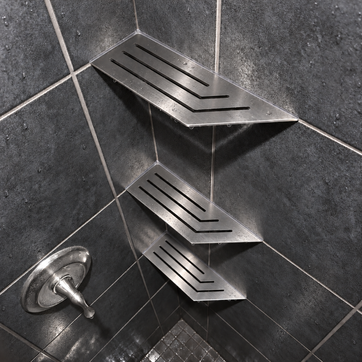 Corner shelf, 4 × 12 in, brushed stainless steel, in the corner of a tiled shower, two smaller shelves below