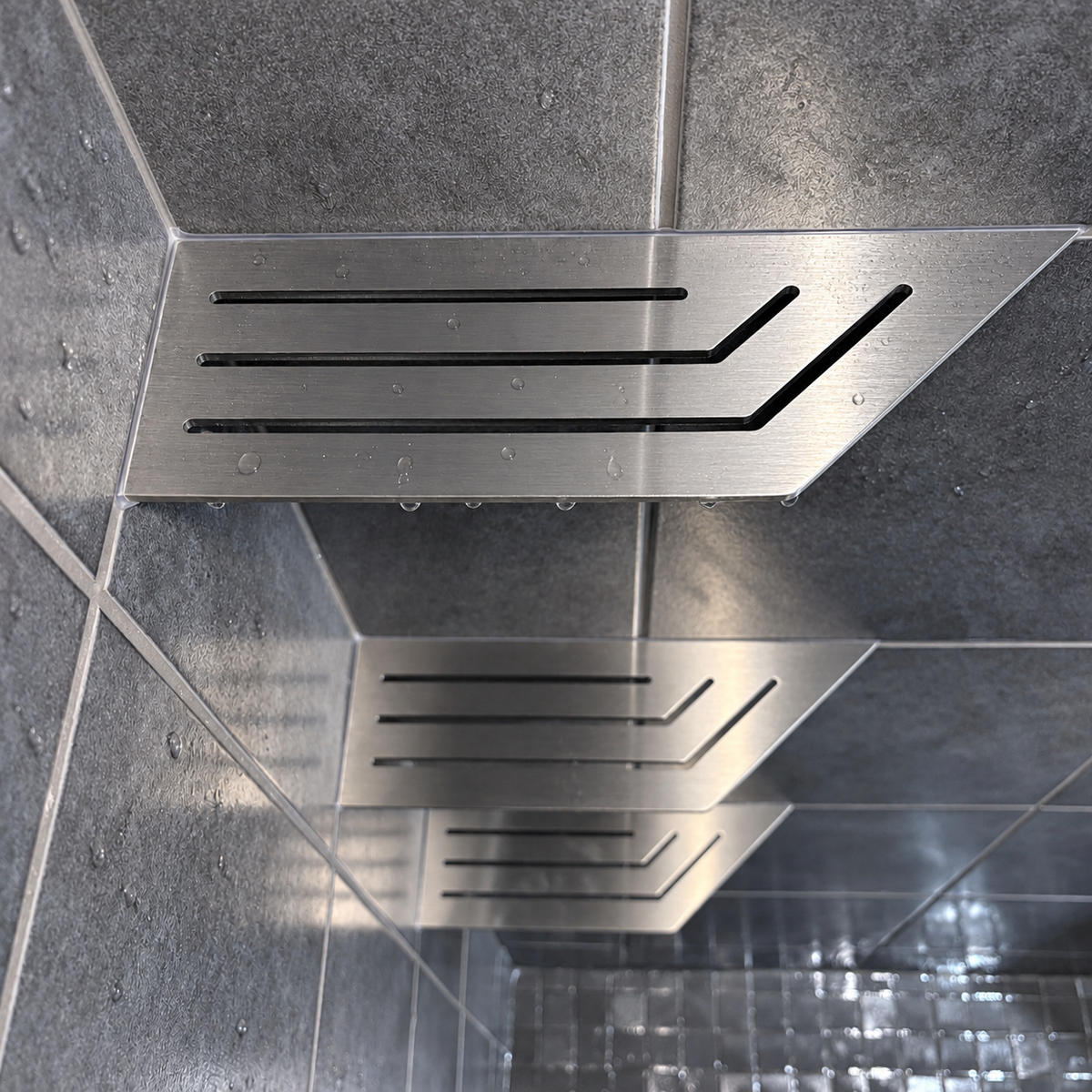 Corner shelf, 4 × 12 in, brushed stainless steel, close view, with the two smaller shelves below, in a tiled shower