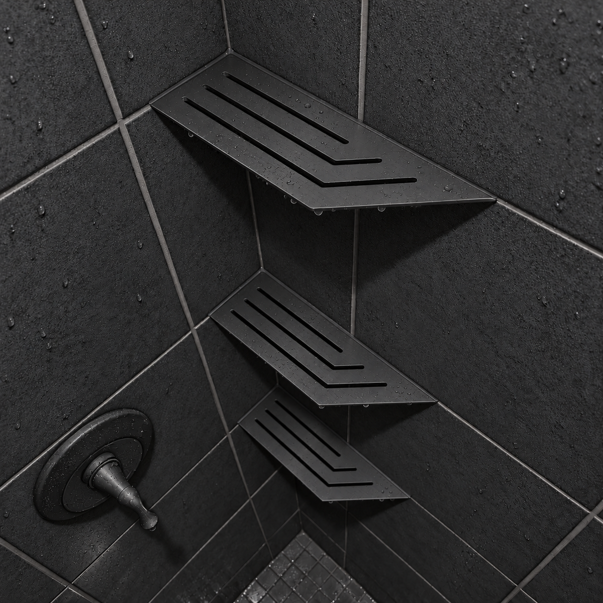 Corner shelf, 4 × 12 in, matte black, in the corner of a tiled shower, two smaller shelves below