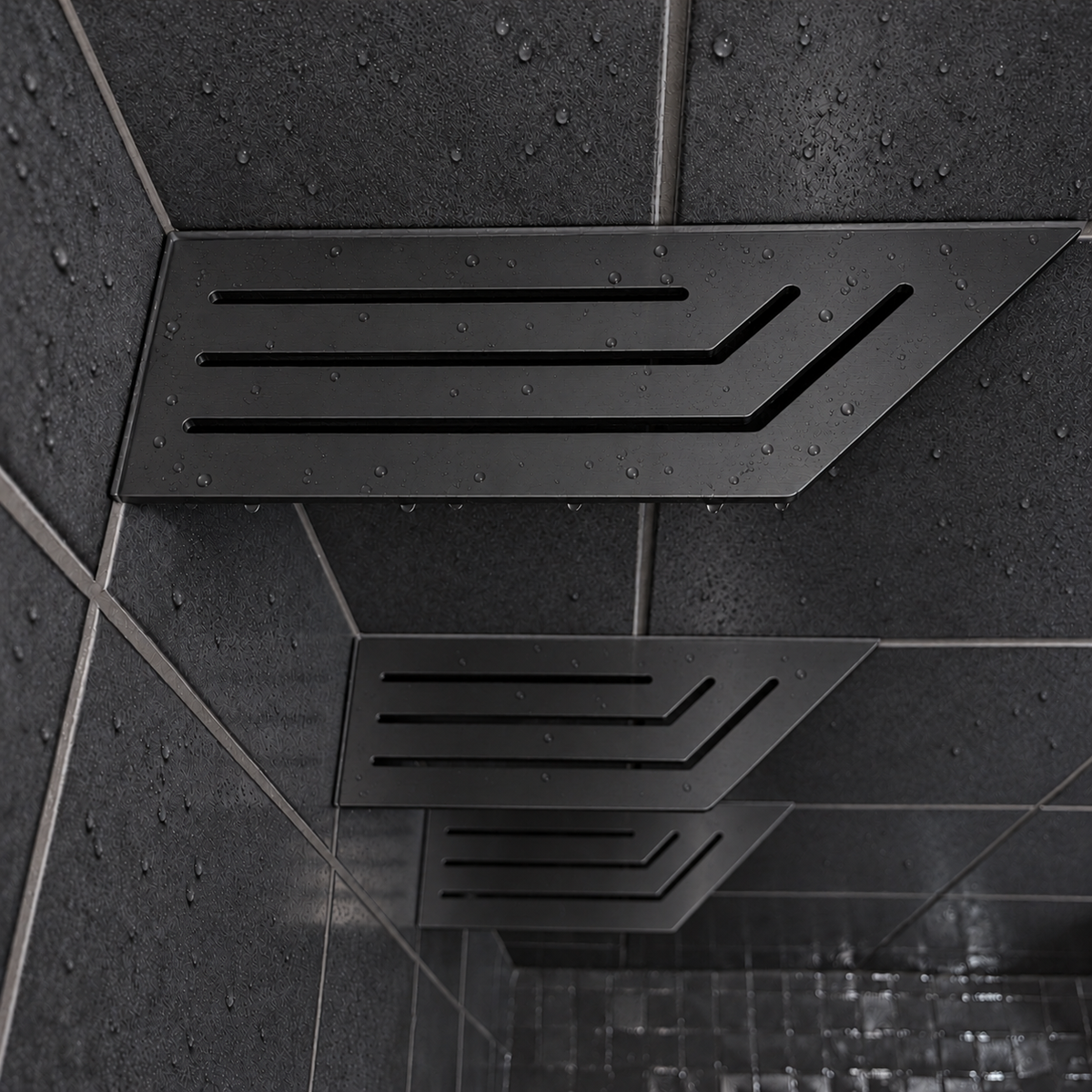 Corner shelf, 4 × 12 in, matte black, close view, with the two smaller shelves below, in a tiled shower