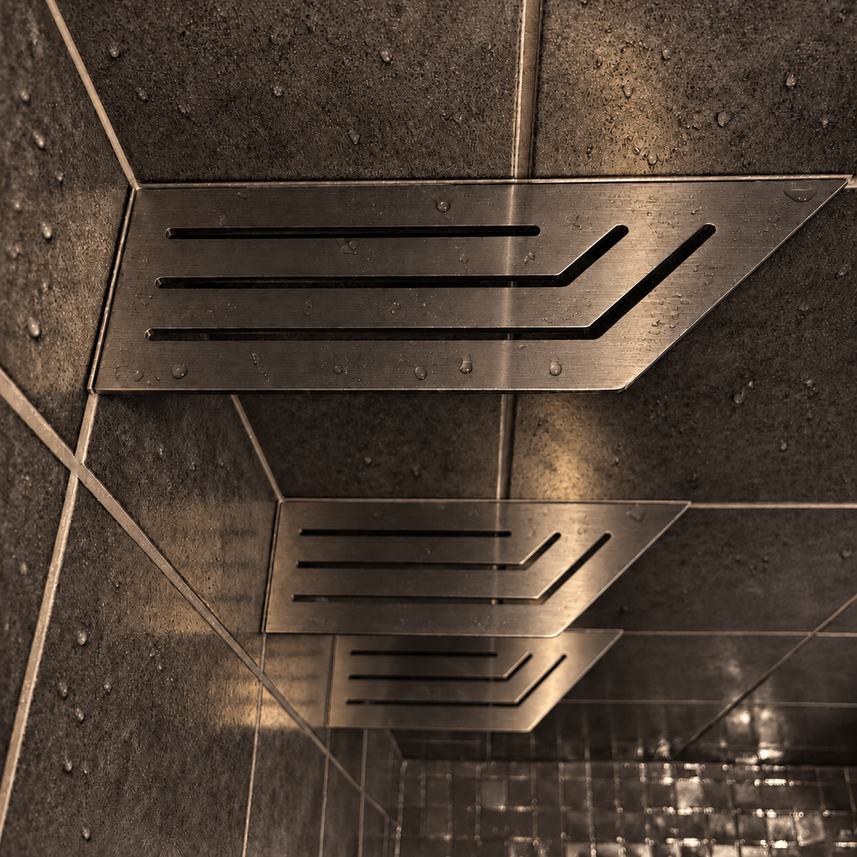 Corner shelf, 4 × 12 in, black PVD, close view, with the two smaller shelves below, in a tiled shower