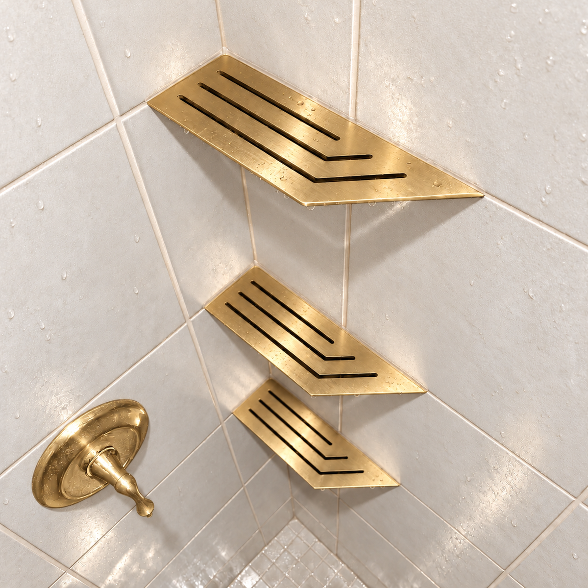 Corner shelf, 4 × 12 in, gold PVD, in the corner of a tiled shower, two smaller shelves below