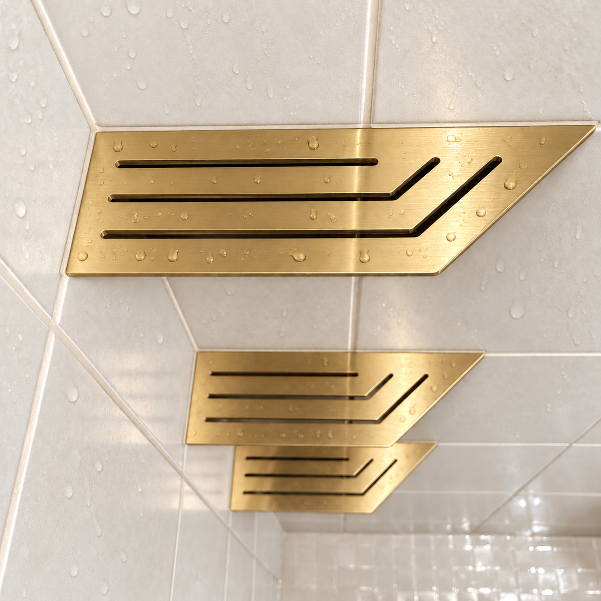 Corner shelf, 4 × 12 in, gold PVD, close view, with the two smaller shelves below, in a tiled shower