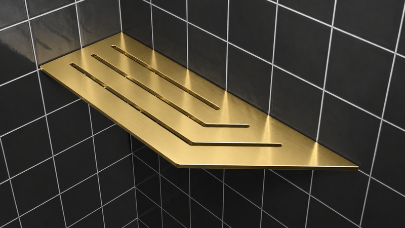 Corner shelf, 4 × 12 in, gold PVD, mounted in the corner of a tiled wall