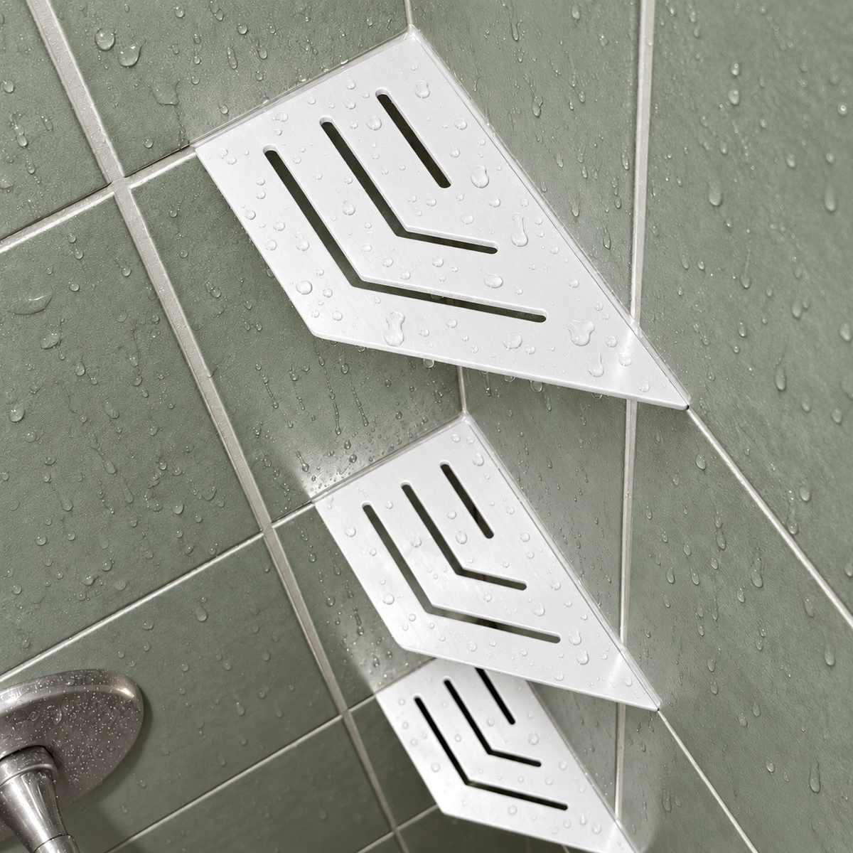 Corner shelf, 4 × 8 in, glossy white, angled view, with two more shelves below, in a tiled shower