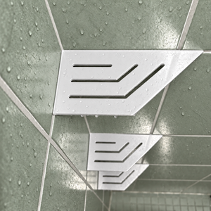Corner shelf, 4 × 8 in, glossy white, close view, with the two lower shelves, in a tiled shower