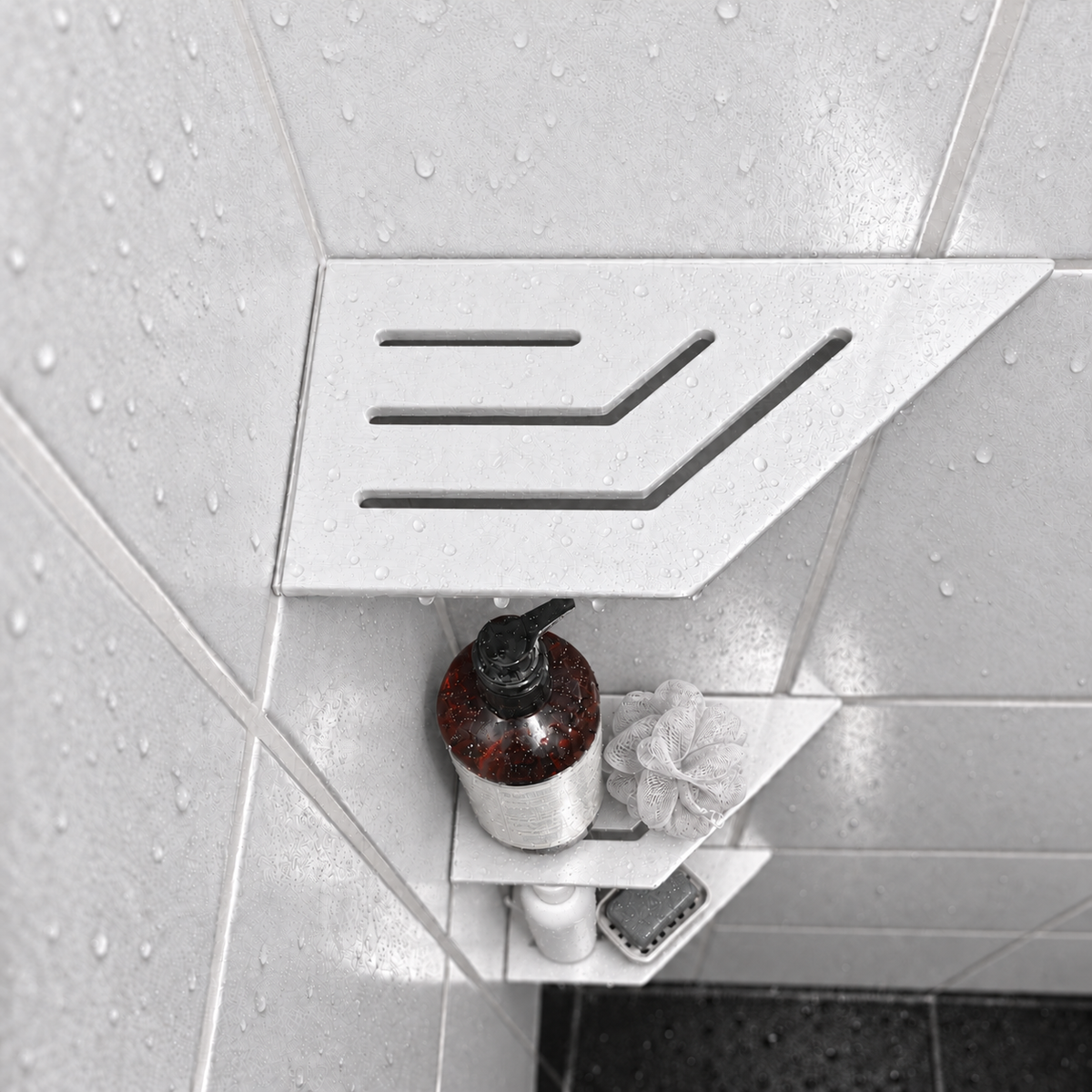 Corner shelf, 4 × 8 in, matte white, bottle and shower puff on the lower shelves, in a tiled shower