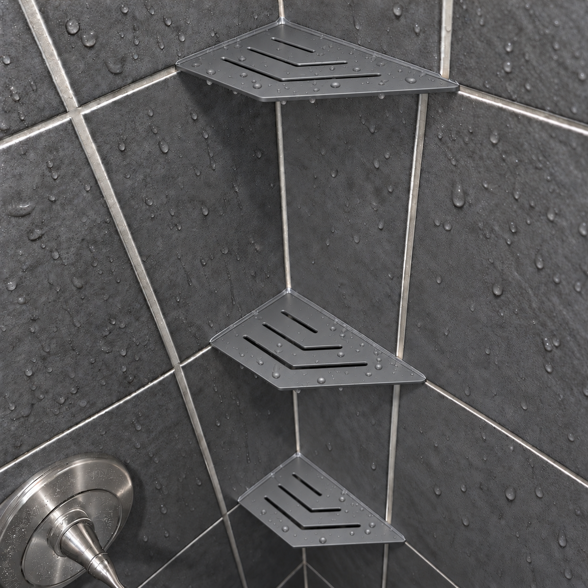 Corner shelf, 4 × 8 in, matte gray, angled view, with two more shelves below, in a tiled shower