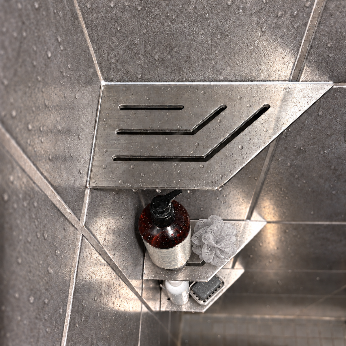 Corner shelf, 4 × 8 in, brushed stainless steel, bottle and shower puff on the lower shelves, in a tiled shower