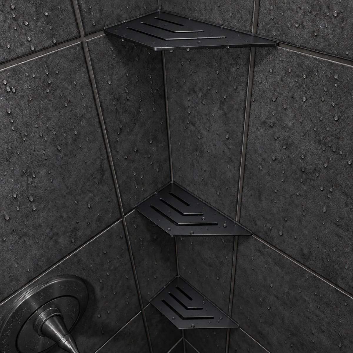 Corner shelf, 4 × 8 in, matte black, in the corner of a tiled shower, two smaller shelves below