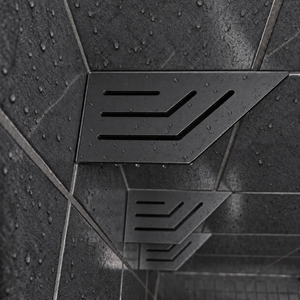 Corner shelf, 4 × 8 in, matte black, close view, with the two lower shelves, in a tiled shower